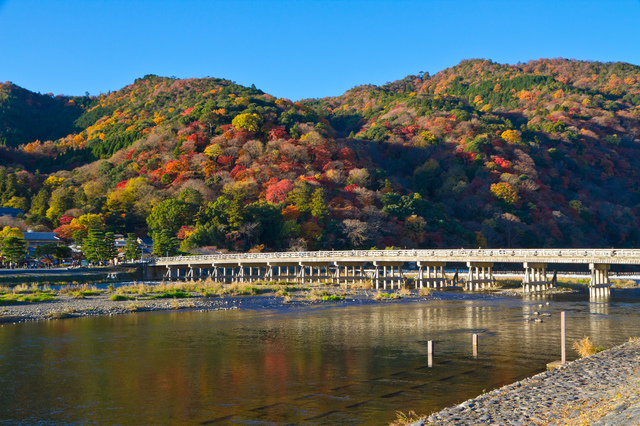 嵐山観光では外せない有名観光スポット「渡月橋」！秋の紅葉のシーズンに橋と川と山が織りなす景色に魅了されに行こう！