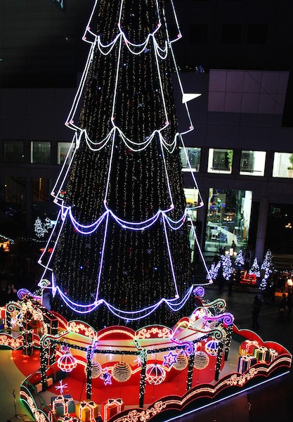 ドイツクリスマスマーケットの巨大クリスマスツリー